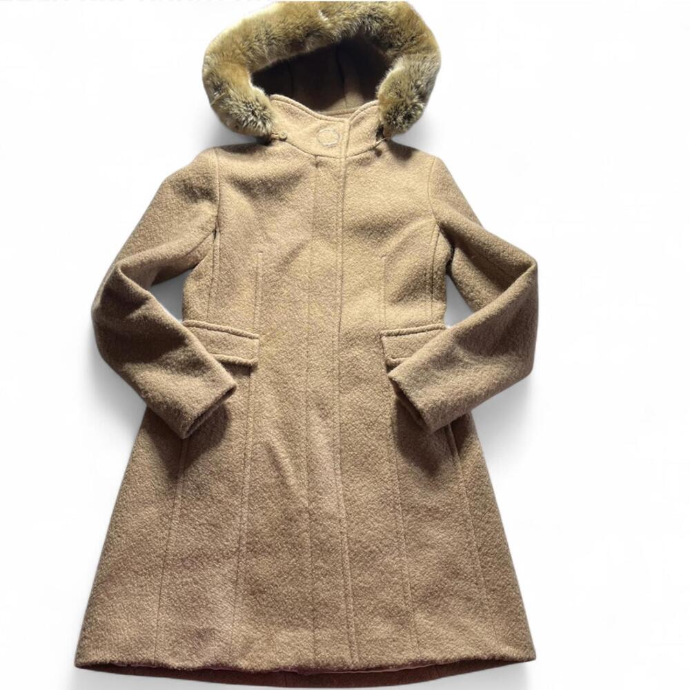 Calvin Klein Coat with Faux Fur Hood Womens Size XS Wool Camel Color Funnel Neck